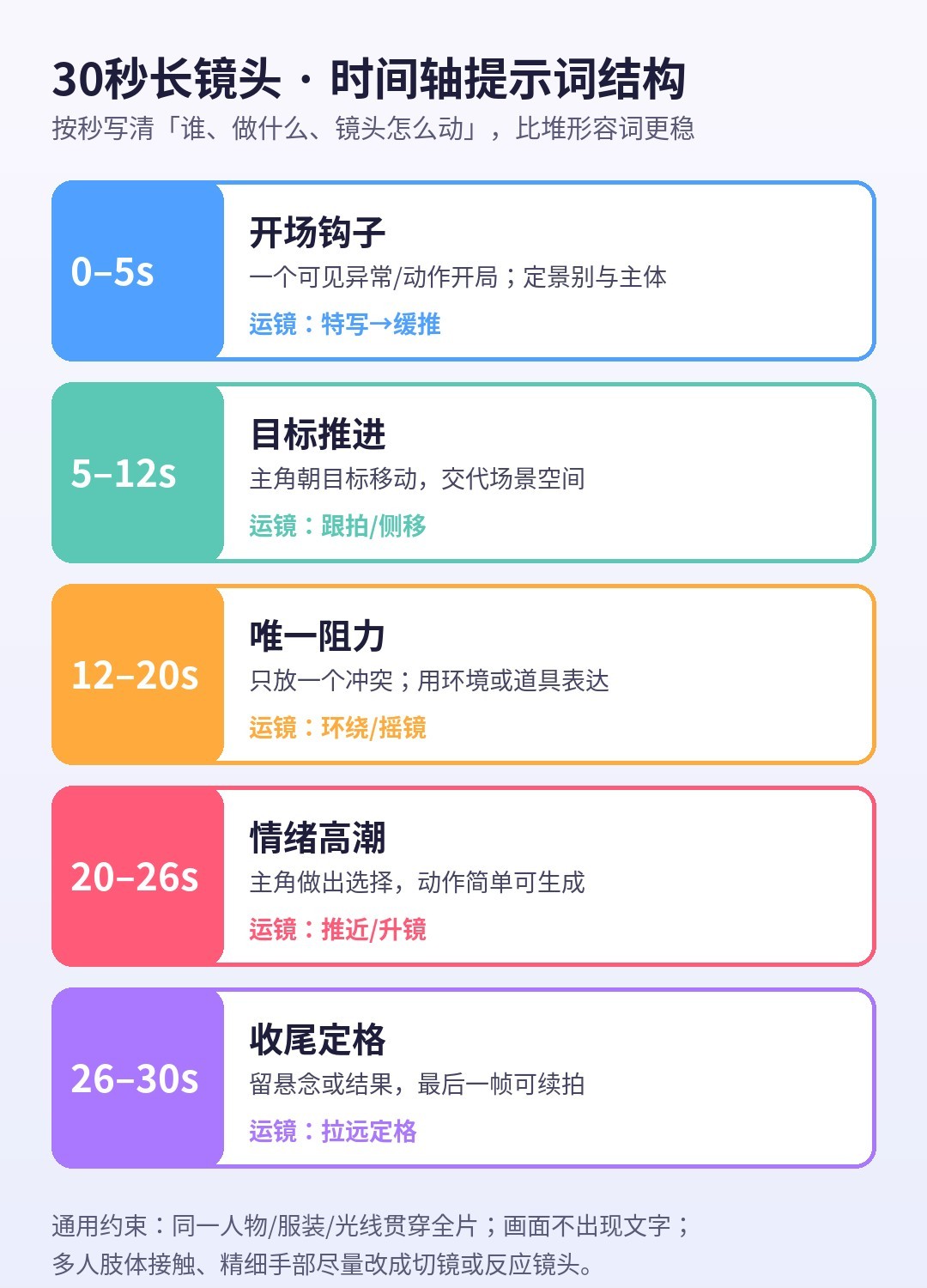 30秒长镜头时间轴提示词结构图:0-5秒钩子到26-30秒收尾