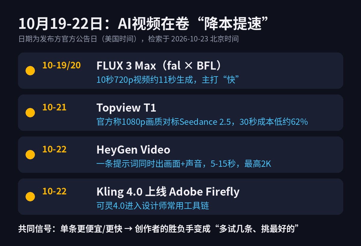 2026年10月19-22日AI视频降本提速:FLUX 3 Max、Topview T1、HeyGen Video、Kling 4.0上线Adobe Firefly